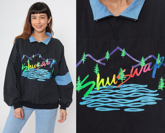 90s Shuswap Mountain Pullover Quarter Zip Black Colorblock Cotton Large