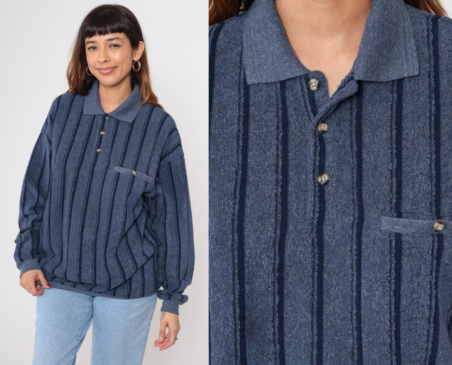 90s Navy Striped Henley Knit Sweater Button-Up Crewneck Large L