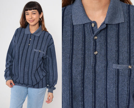 90s Navy Striped Henley Knit Sweater Button-Up Crewneck Large L