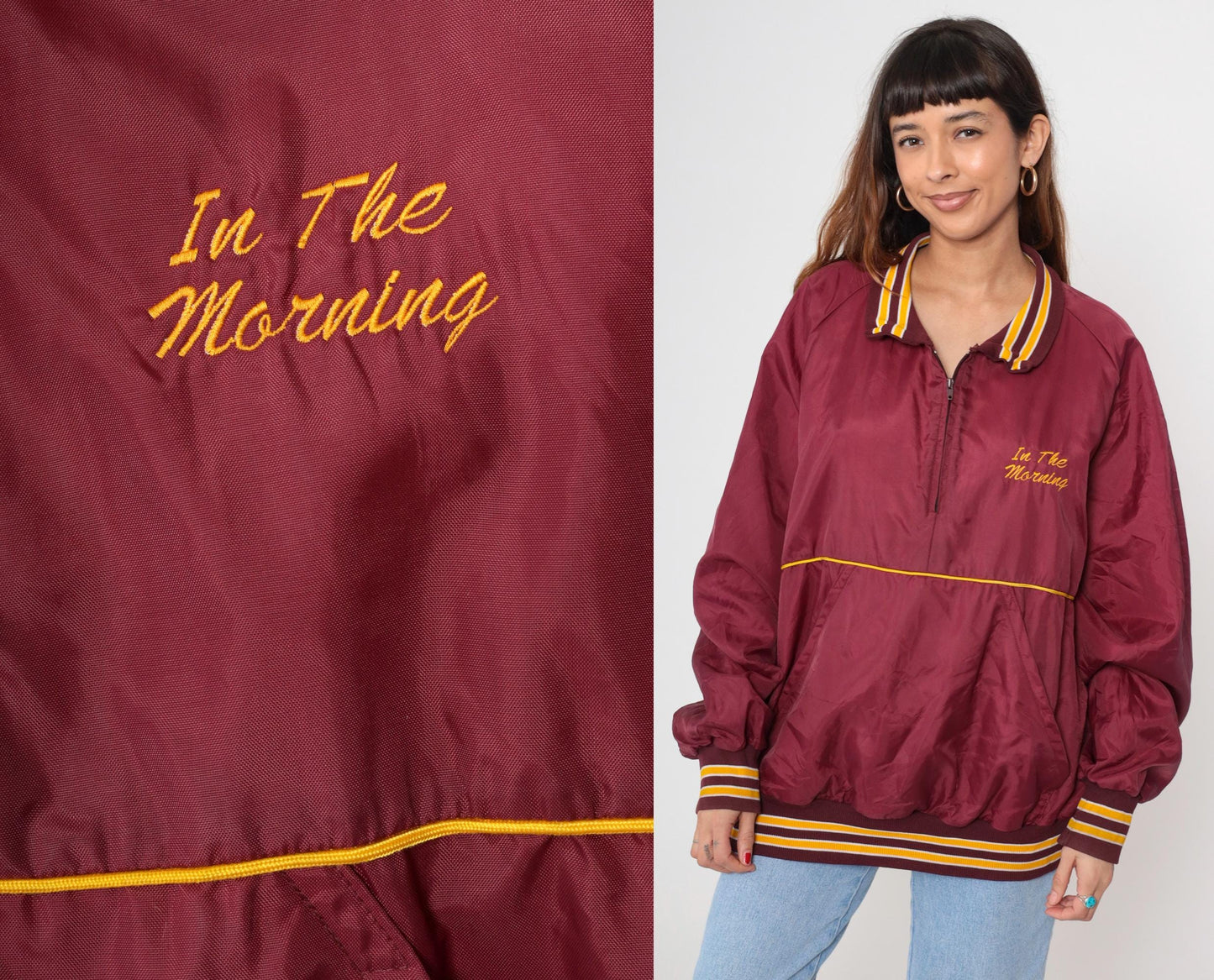 90s HITZ Radio Station Windbreaker Burgundy Yellow Stripe Quarter Zip XXL