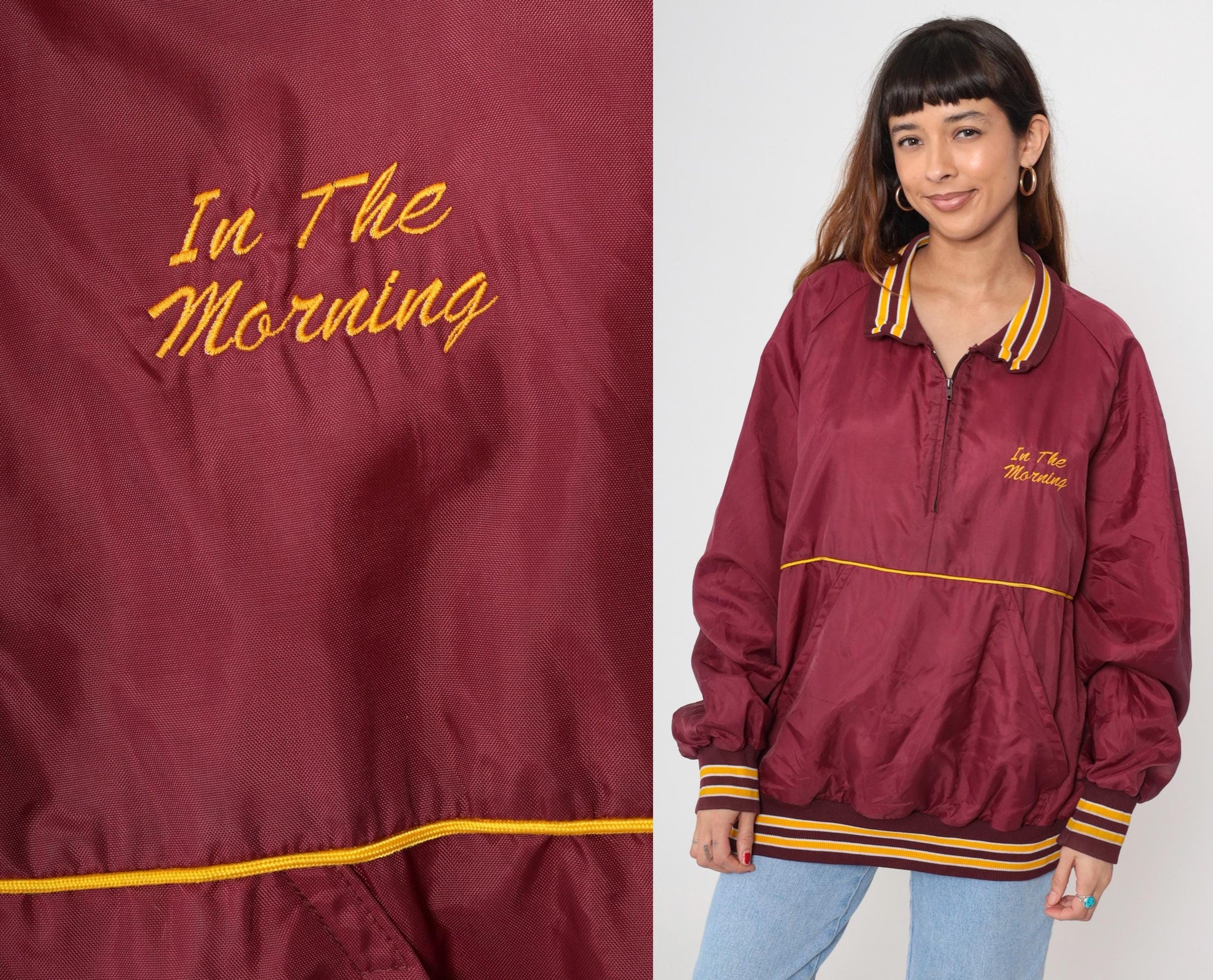 90s HITZ Radio Station Windbreaker Burgundy Yellow Stripe Quarter Zip XXL