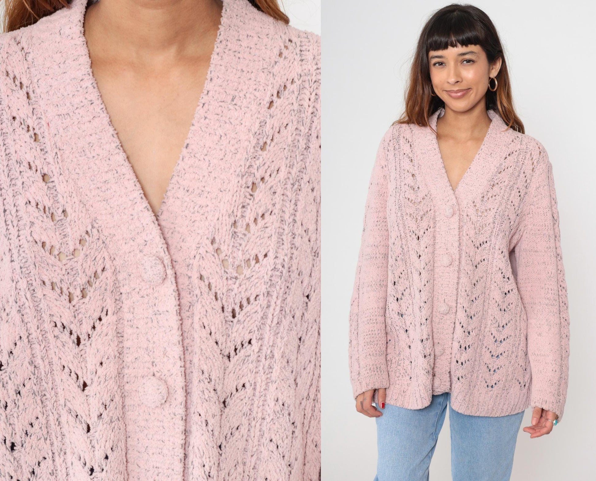 90s Pink Pointelle Cardigan Button-Up V-Neck Knit Plus Size 1X