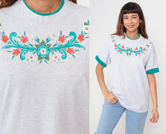 90s Floral Graphic T-Shirt Grey Cotton Folk Art Flowers Green Trim Large L