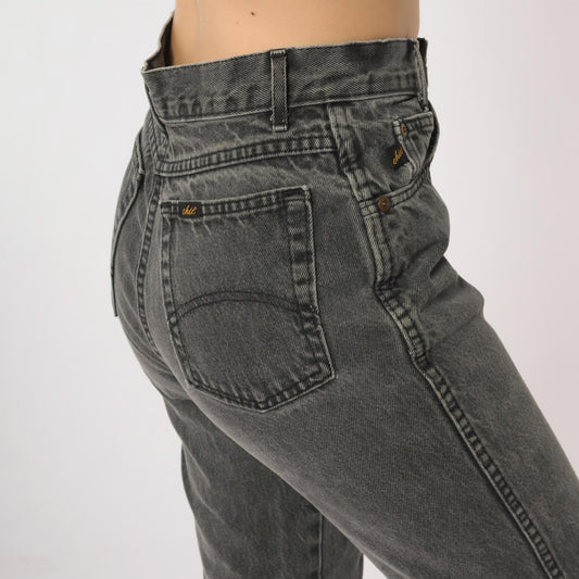 90s Chic Black Wash High Waist Tapered Jeans Distressed Denim Small S