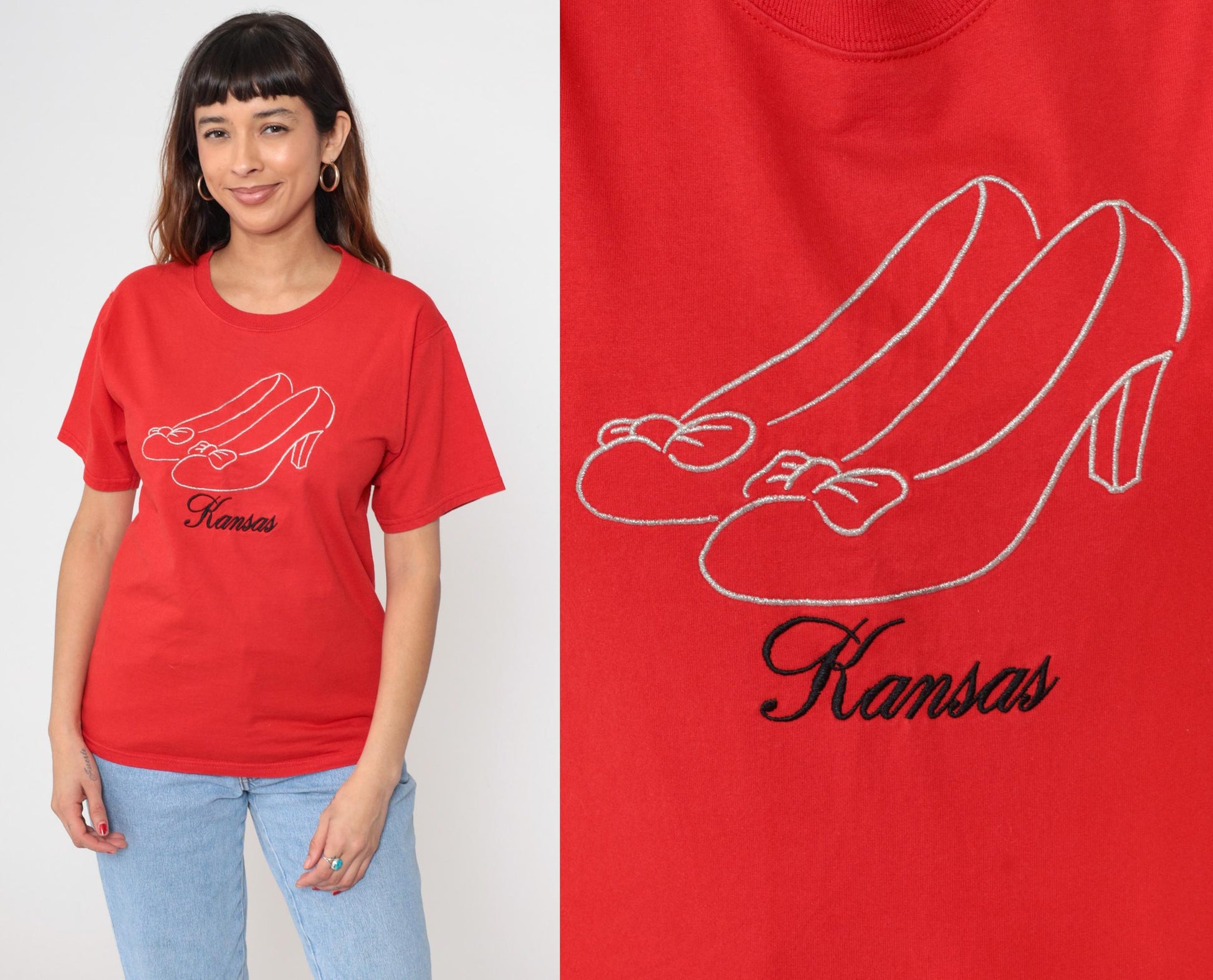 Y2K Kansas Dorothy Shoes Graphic T-Shirt Red Cotton Small