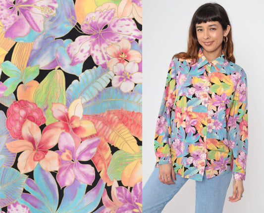90s Tropical Floral Button Up Blouse Purple Hibiscus Black Rayon Long Sleeve Large