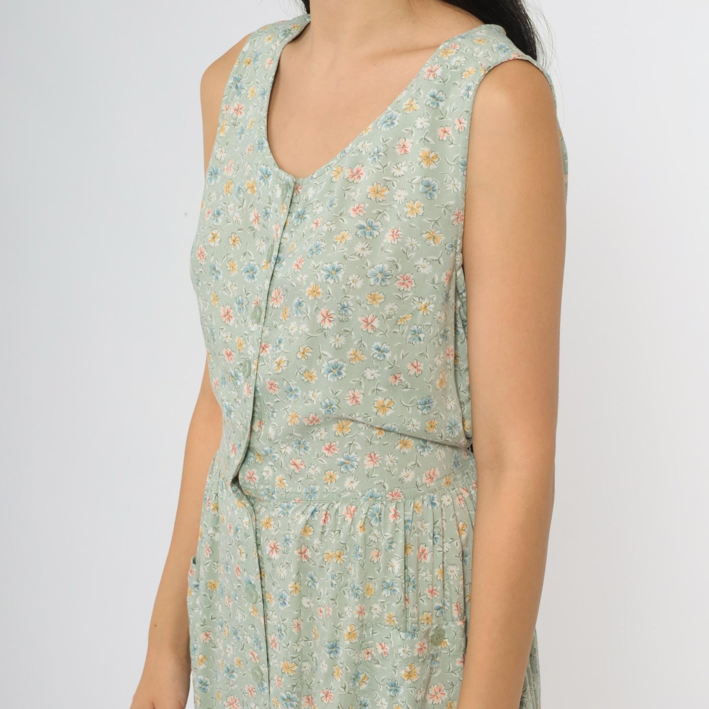 90s Sage Green Floral Midi Dress Button Front Tie Waist Sleeveless Medium M