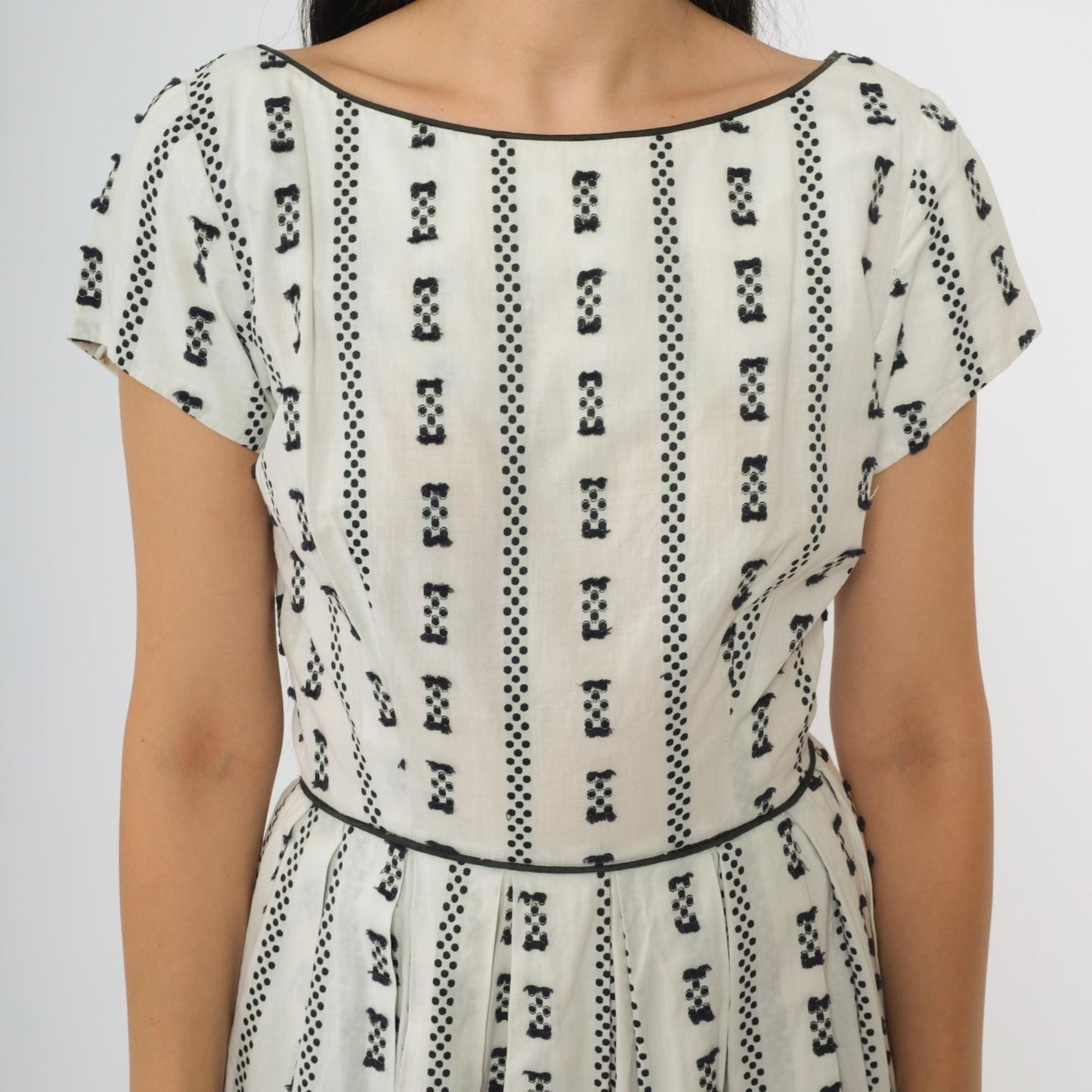 60s Geometric Print A-Line Midi Dress White Black Mod Shift XS