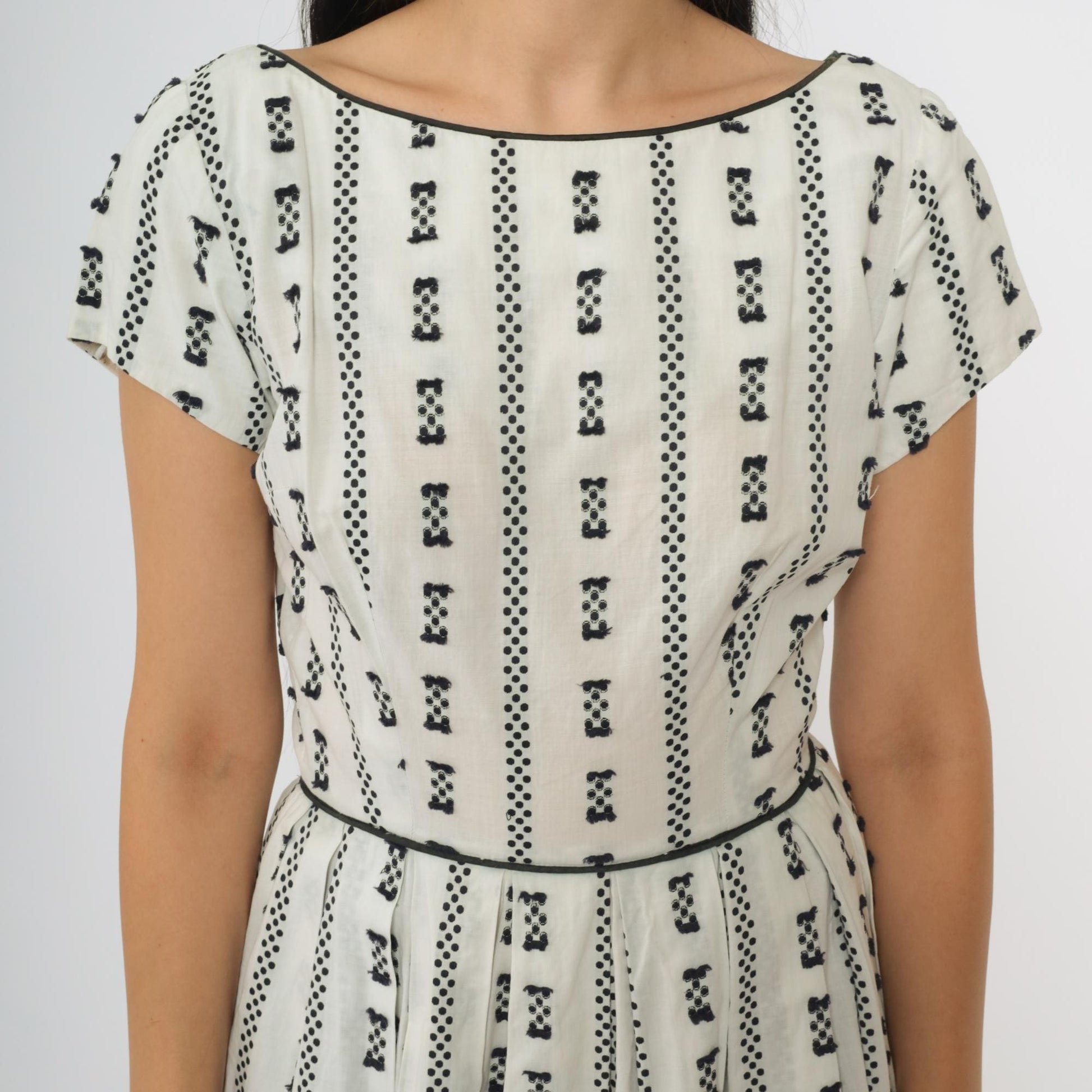 60s Geometric Print A-Line Midi Dress White Black Mod Shift XS