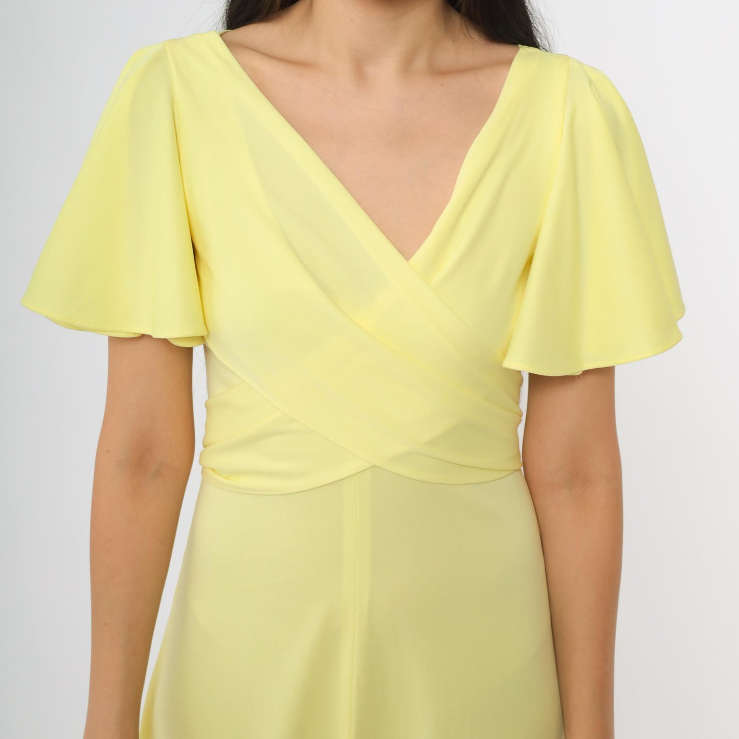 70s Yellow Maxi Wrap Dress Flutter Sleeves V-Neck Tie Waist Small