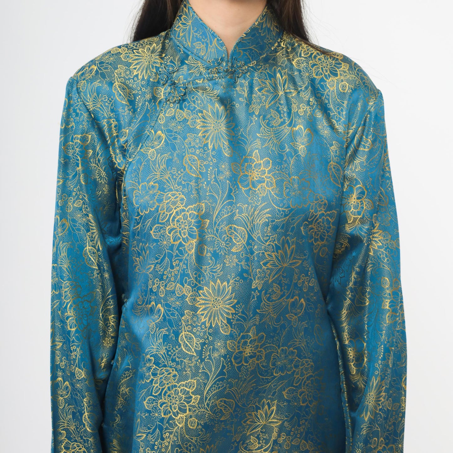 90s Teal Cheongsam Dress Gold Floral Brocade Midi Mandarin Collar Medium M