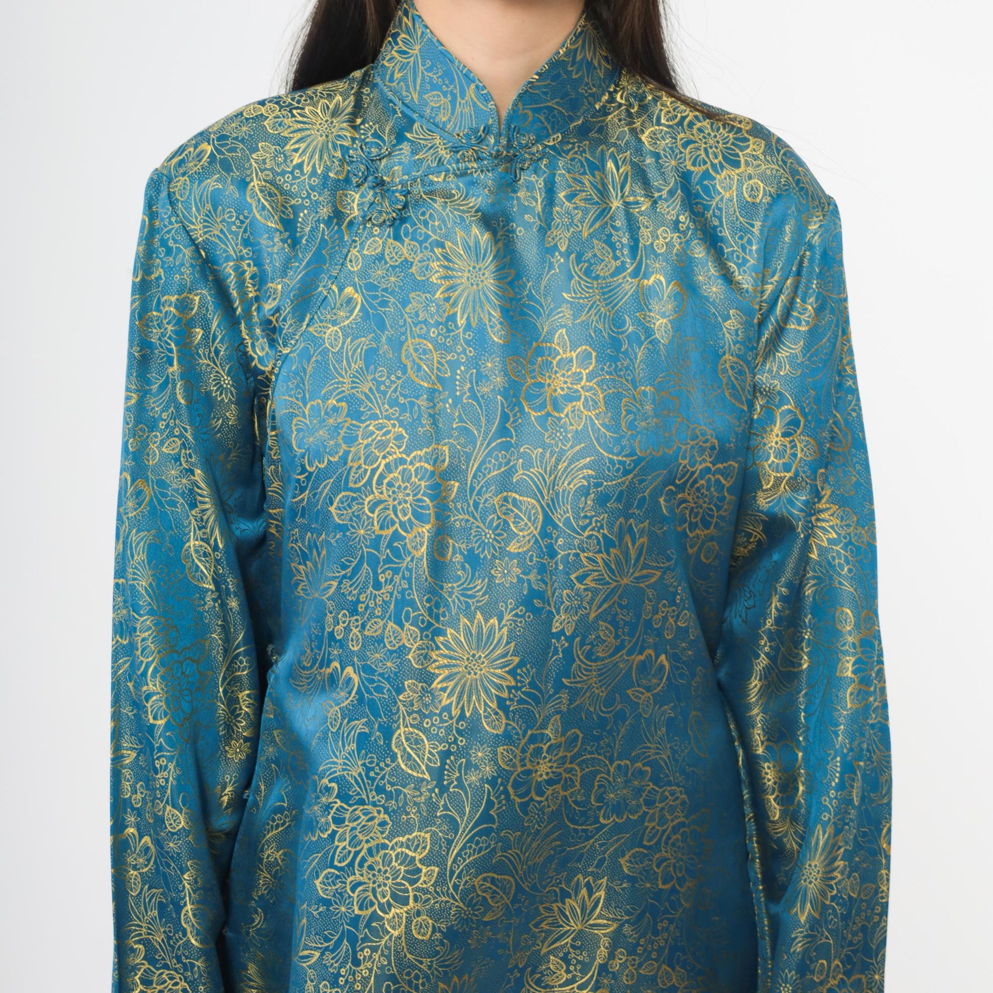 90s Teal Cheongsam Dress Gold Floral Brocade Midi Mandarin Collar Medium M