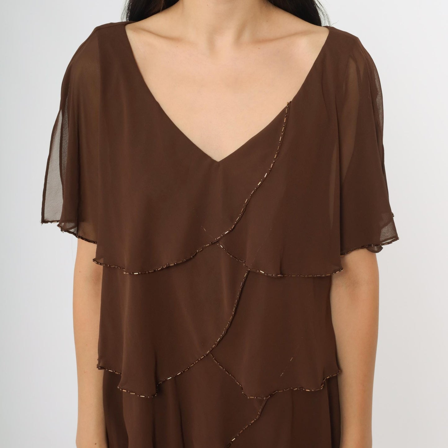 Y2K Patra Chocolate Brown Tiered Midi Dress Beaded Flutter Sleeves Large