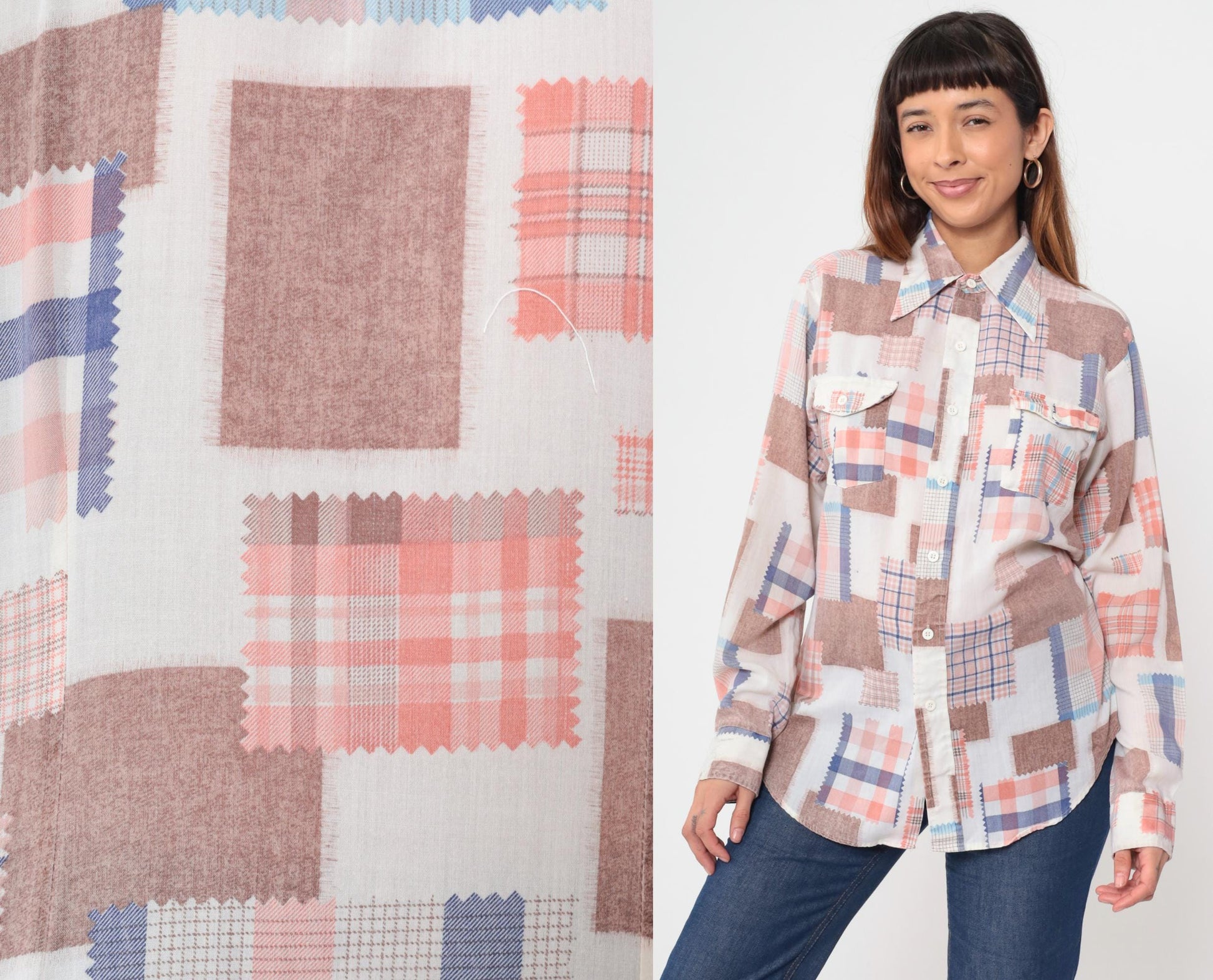 70s Patchwork Button Up Shirt Fabric Swatch Quilt Print Coral Blue Brown Large
