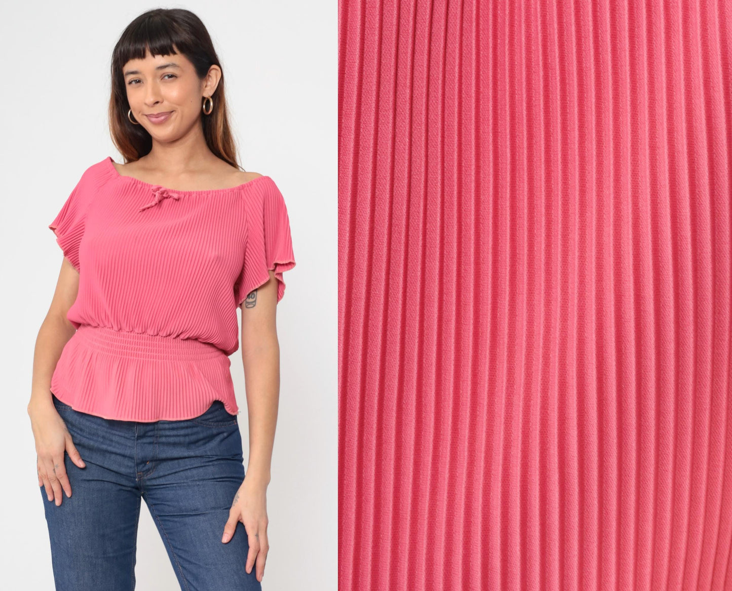 70s Coral Pink Off-Shoulder Blouse Flutter Sleeve Tie Front Medium