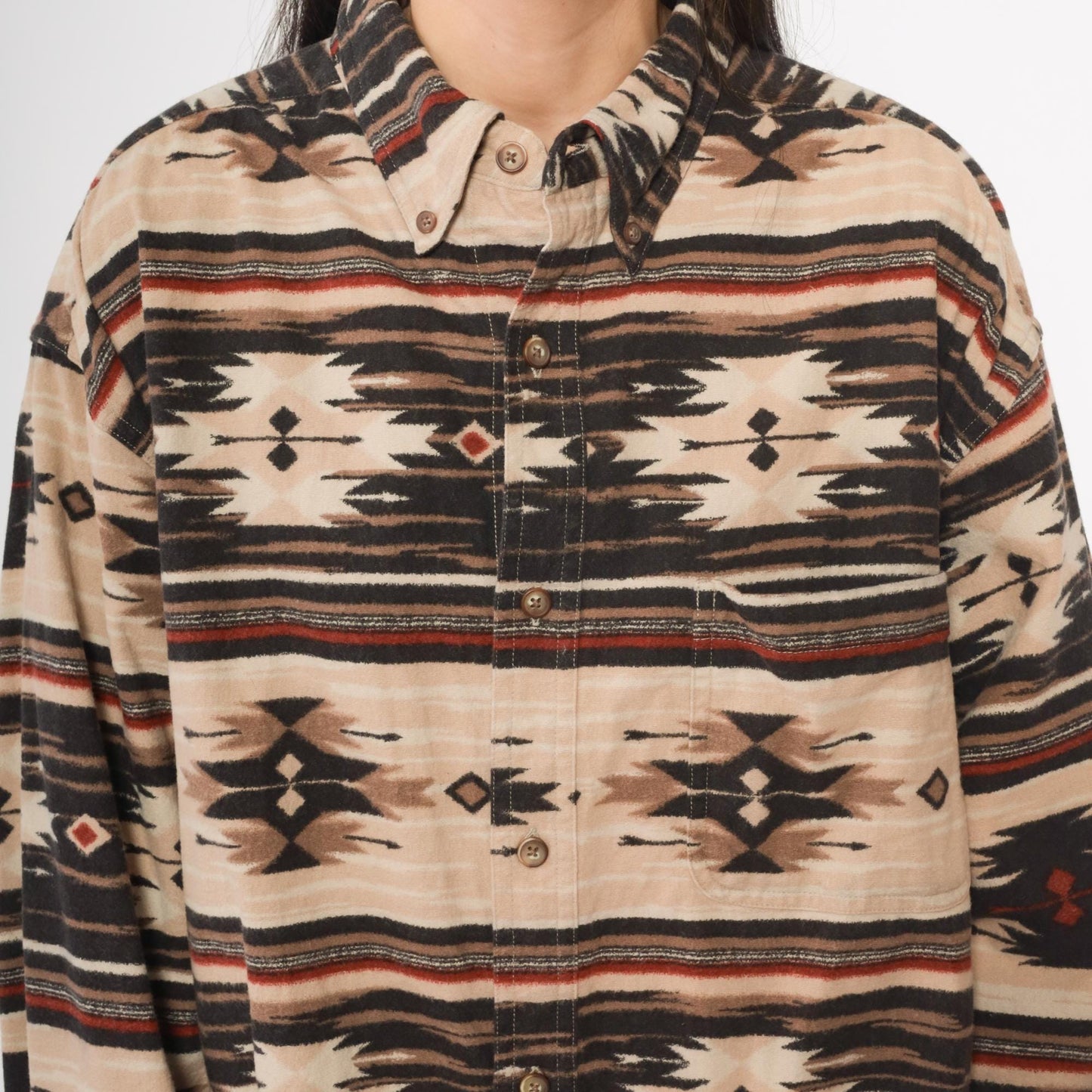 Y2K Woods & Water Southwestern Flannel Shirt Beige Black Red Tribal Button Down Extra Large XL