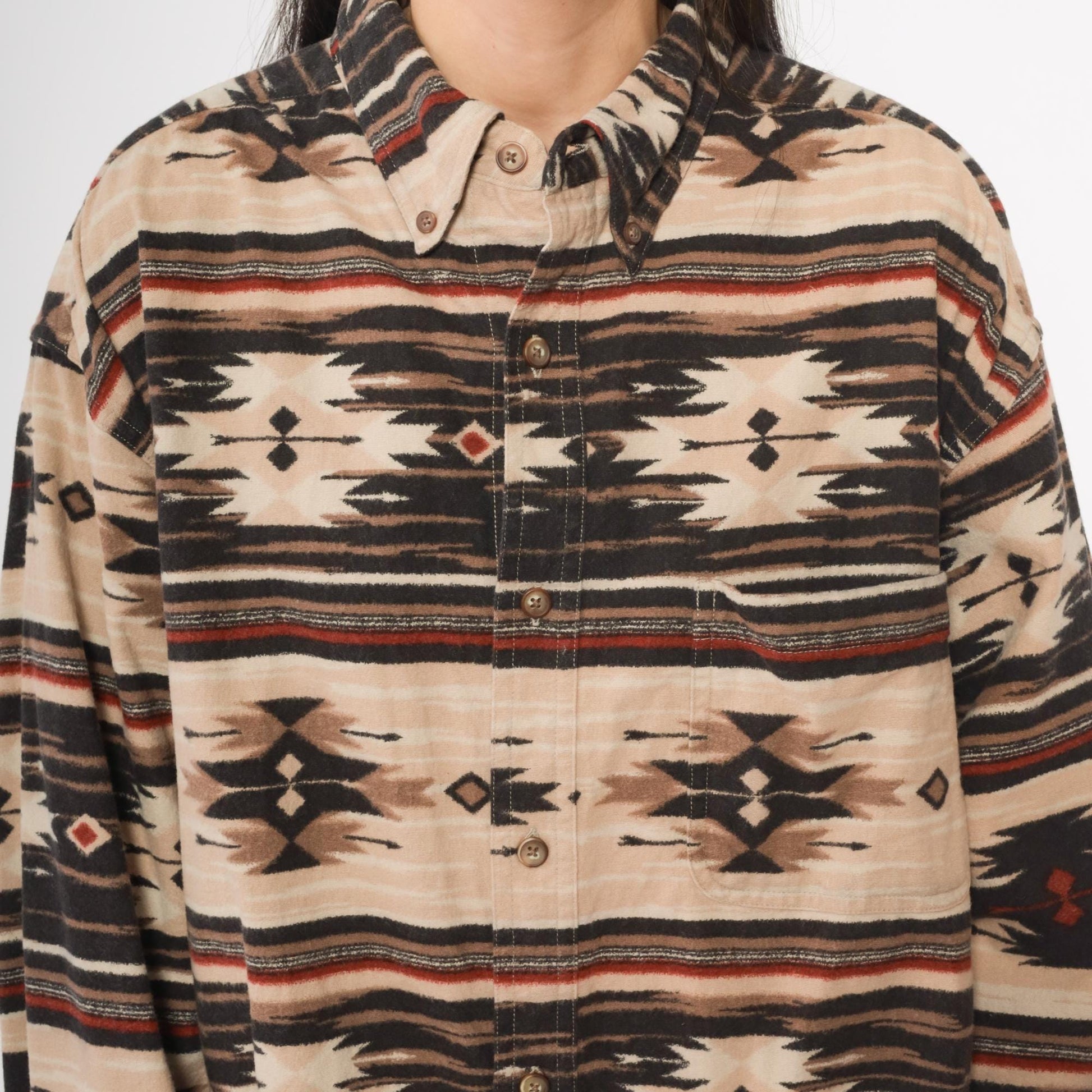 Y2K Woods & Water Southwestern Flannel Shirt Beige Black Red Tribal Button Down Extra Large XL