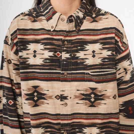Y2K Woods & Water Southwestern Flannel Shirt Beige Black Red Tribal Button Down Extra Large XL