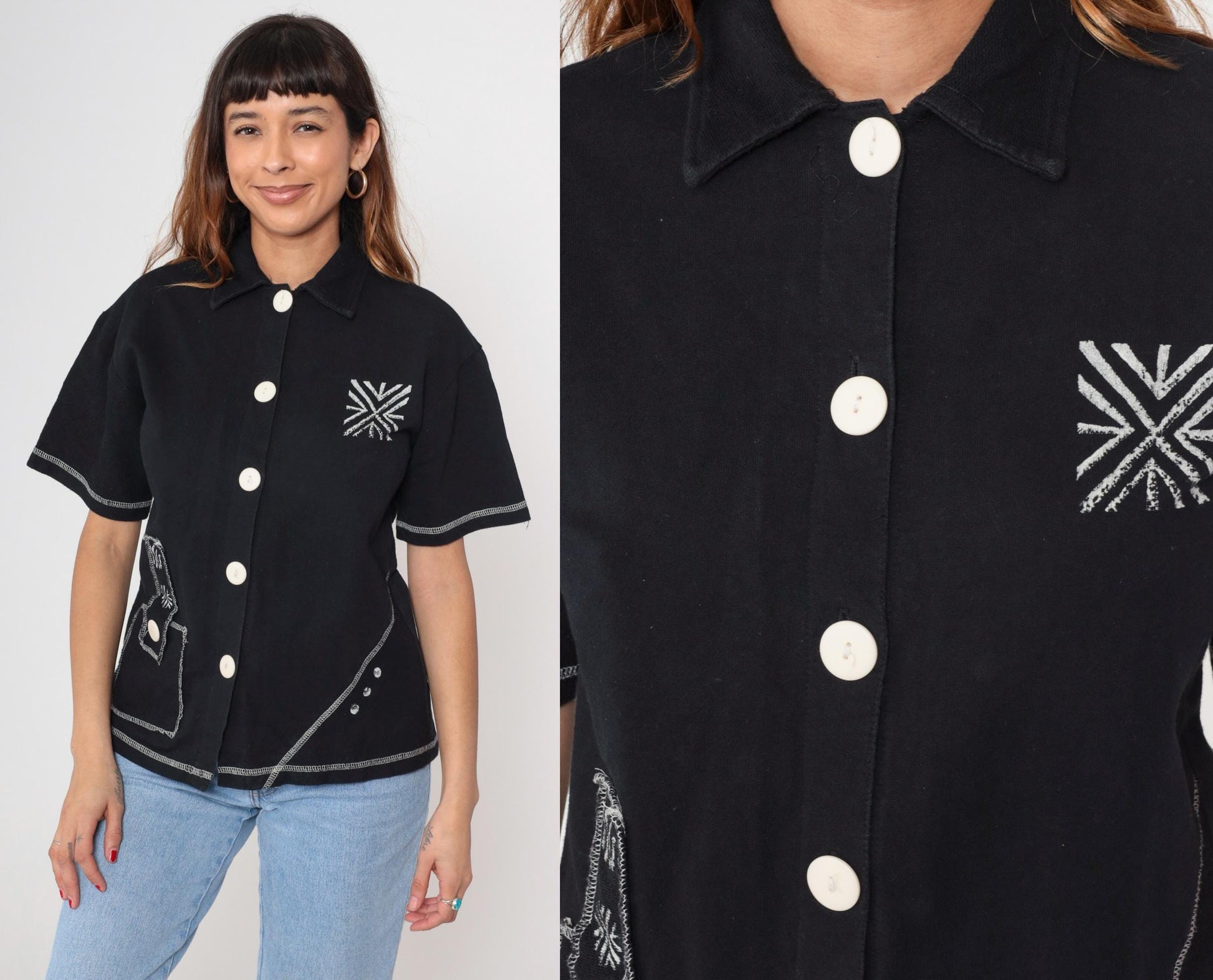 90s On The Rocks Black Button-Up Shirt White Stitching Southwest Geometric Small