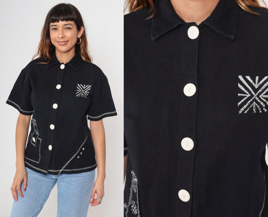 90s On The Rocks Black Button-Up Shirt White Stitching Southwest Geometric Small