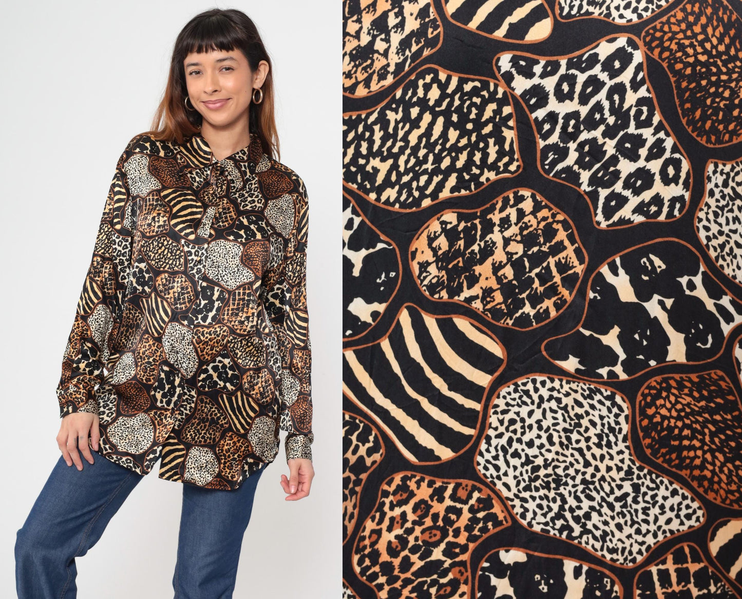 Y2K Jessica Holbrook Silk Blouse Animal Print Button Down Medium M