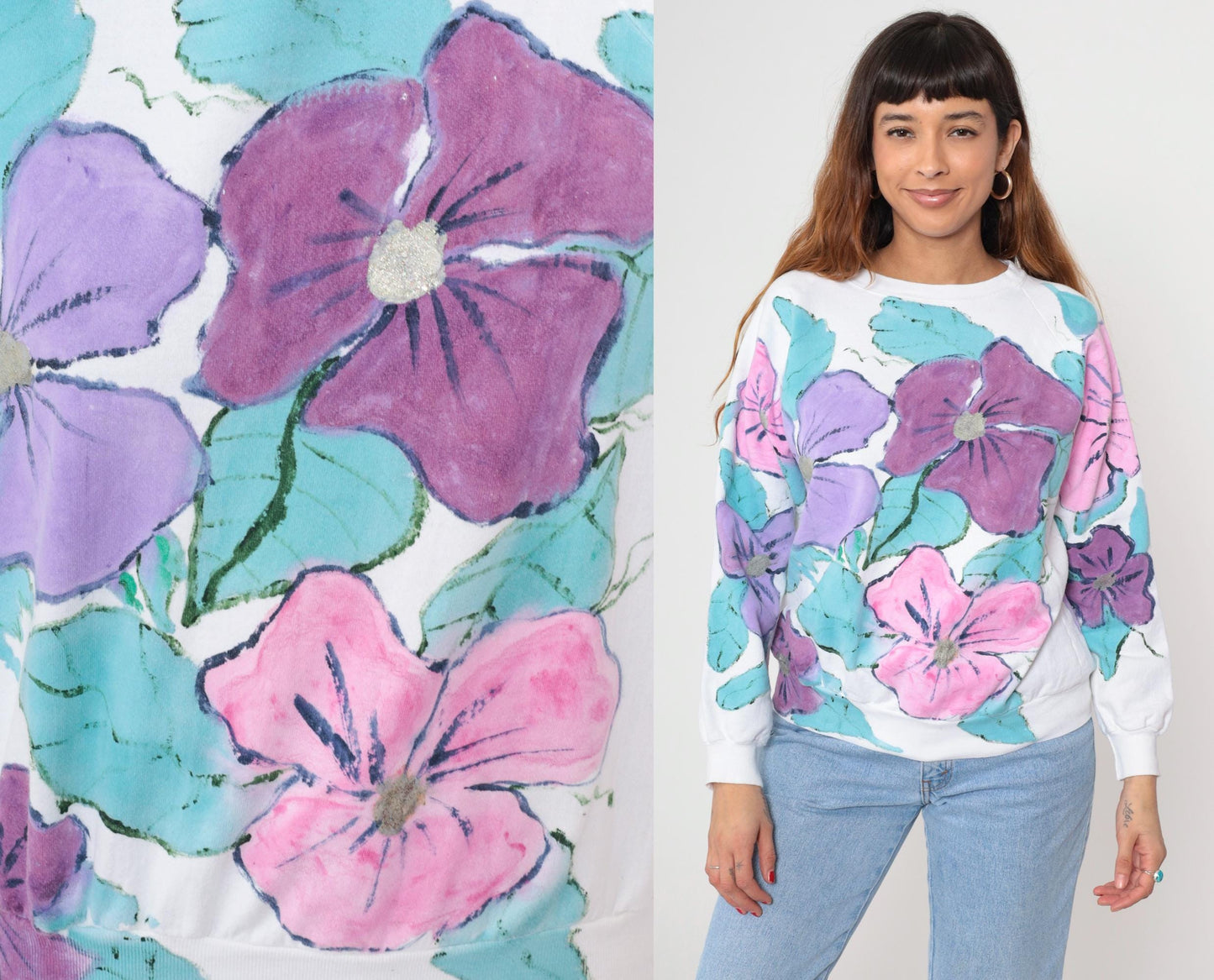 90s White Floral Sweatshirt Watercolor Purple Pink Blue Crew Neck Medium M