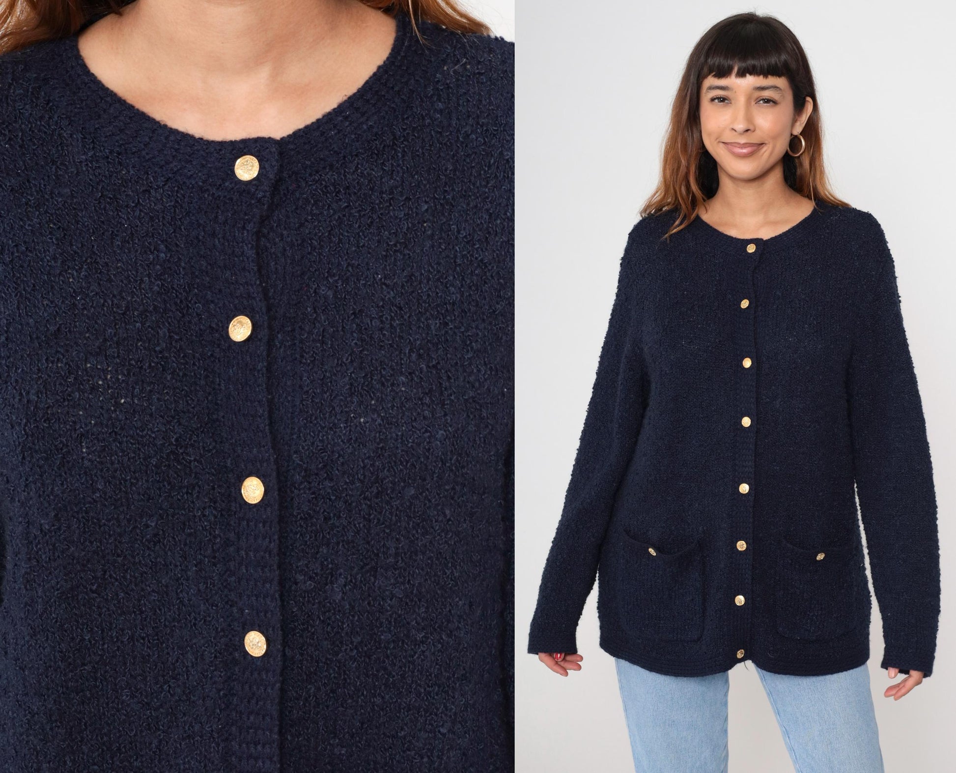 80s Blair Boutique Navy Cardigan Chunky Knit Gold Buttons Large L