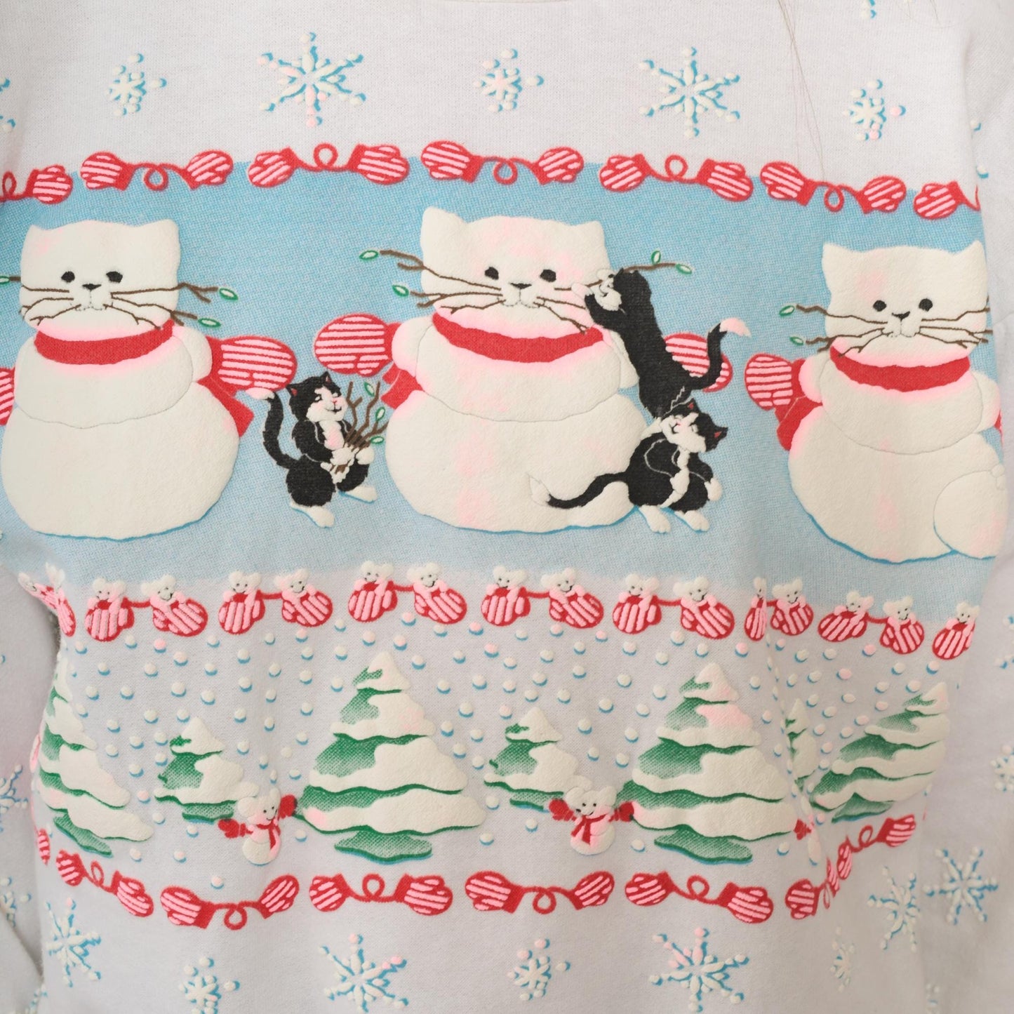 90s Scoop Christmas Cat Sweatshirt White Snowmen Snowflakes Extra Small XS
