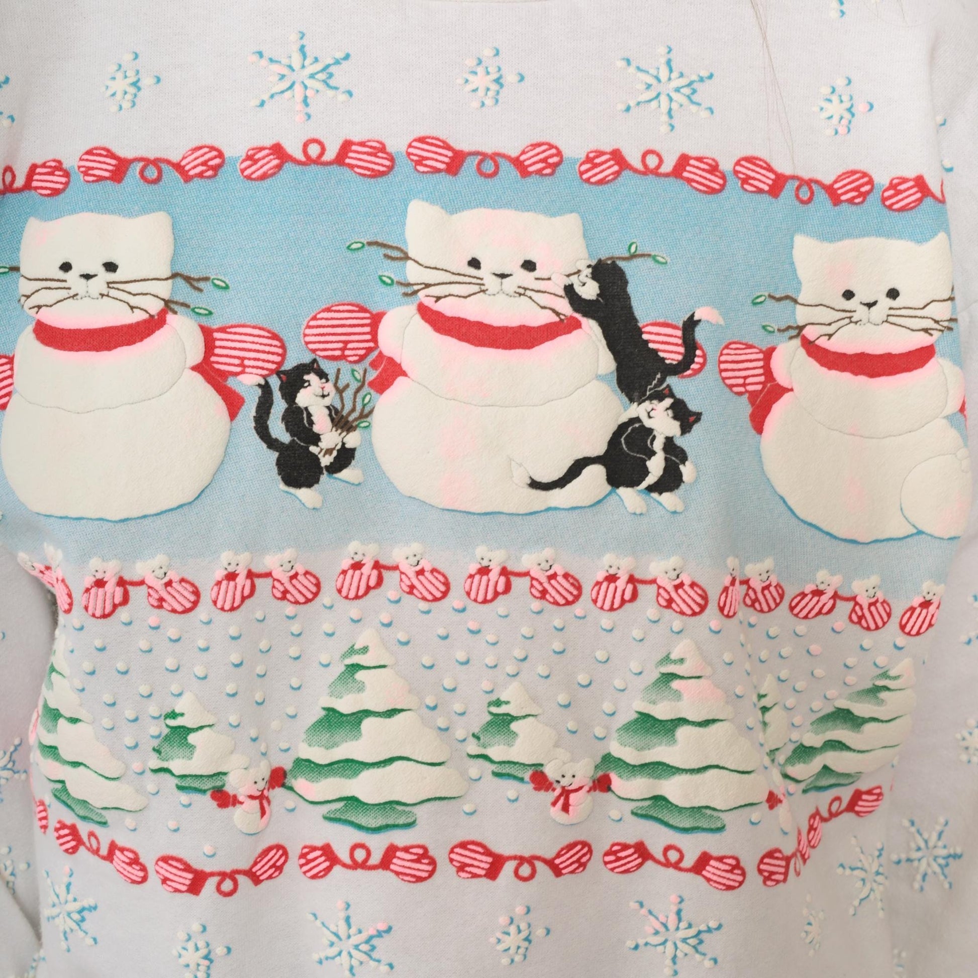 90s Scoop Christmas Cat Sweatshirt White Snowmen Snowflakes Extra Small XS