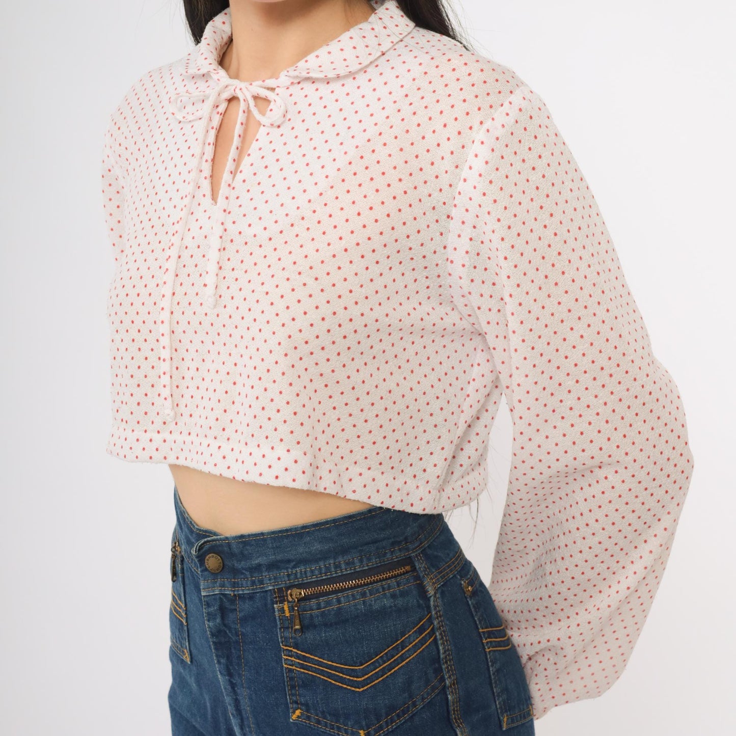 80s Polka Dot Cropped Blouse White Red Peter Pan Collar Tie Neck Medium