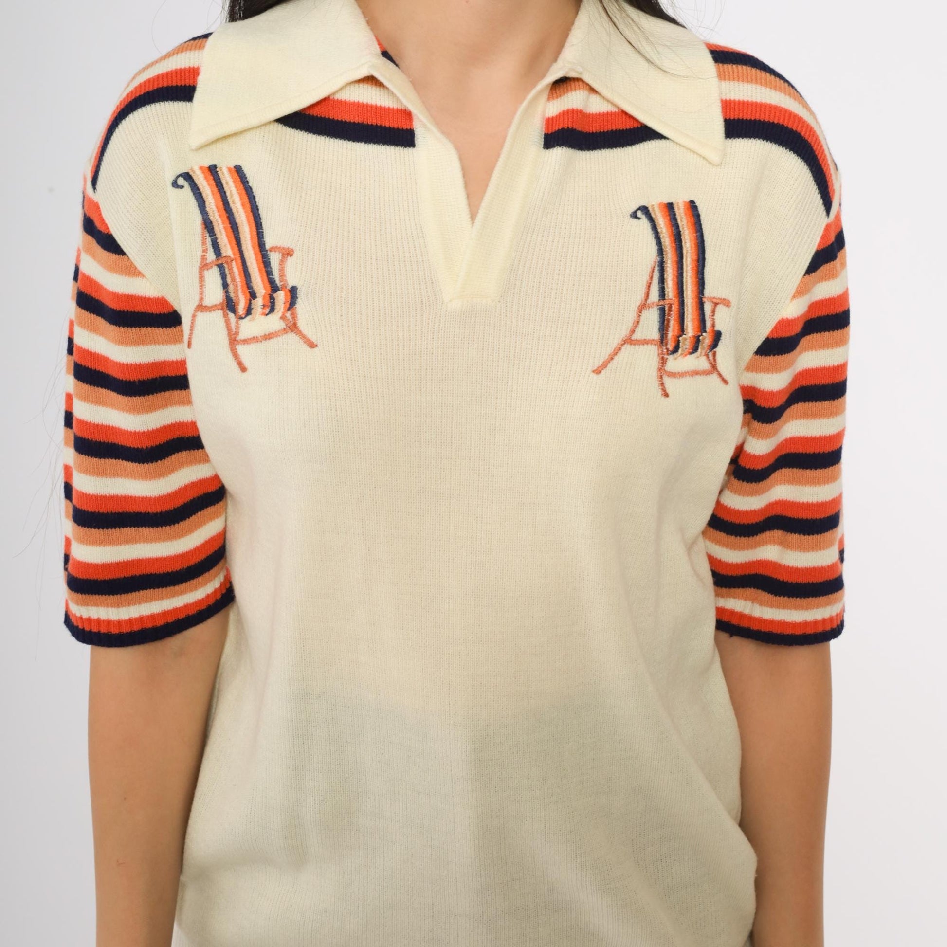 70s Sundowner Knit Polo Shirt Cream Orange Navy Striped Deck Chair Large