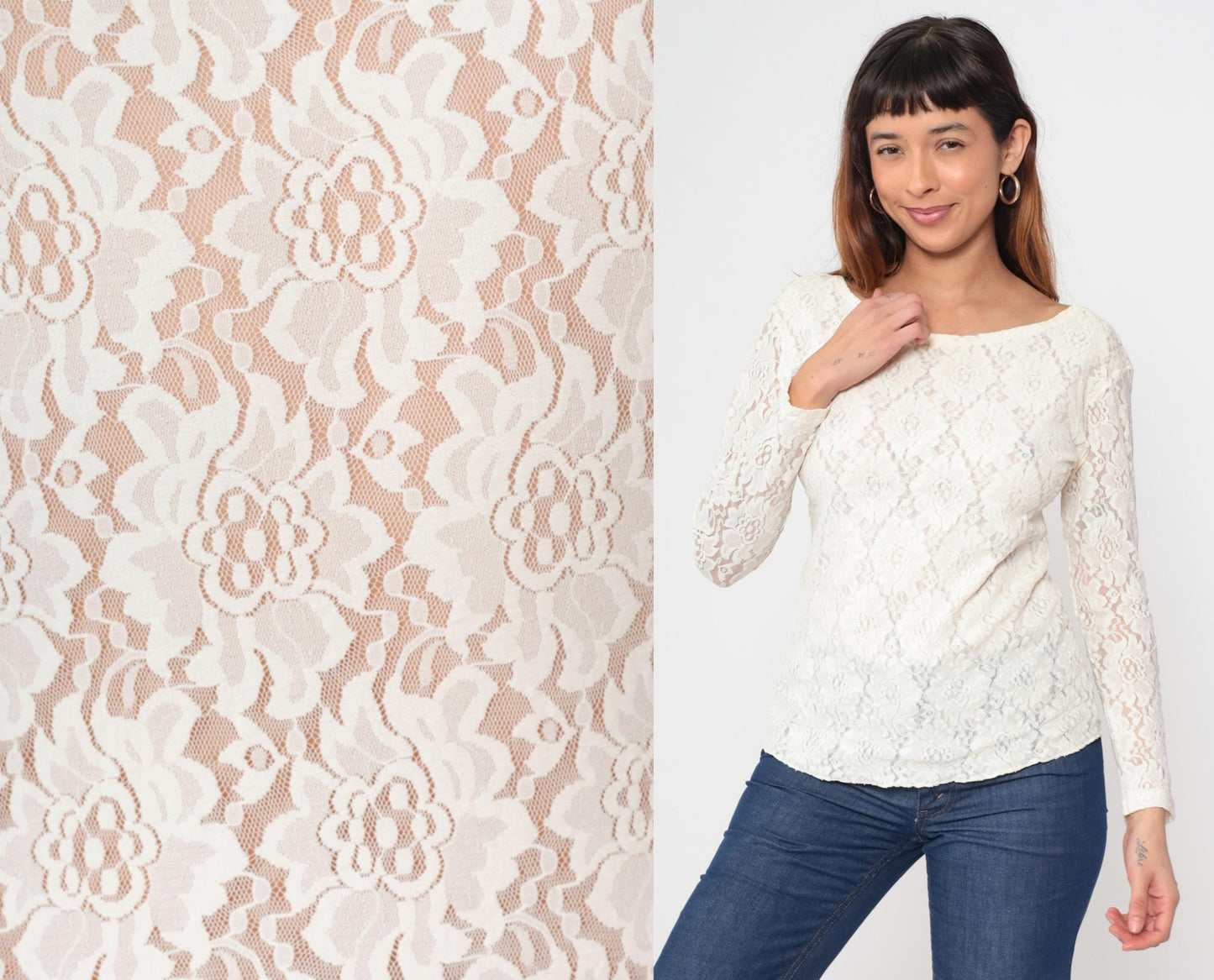 80s White Floral Lace Sheer Blouse U-Neck Long Sleeve Medium