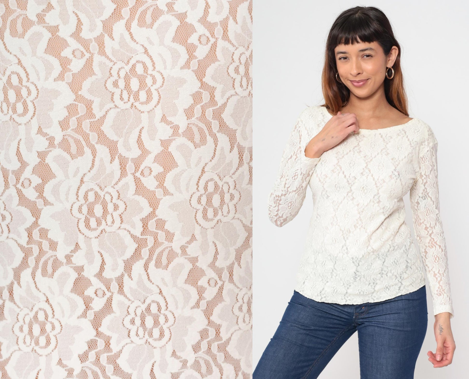 80s White Floral Lace Sheer Blouse U-Neck Long Sleeve Medium