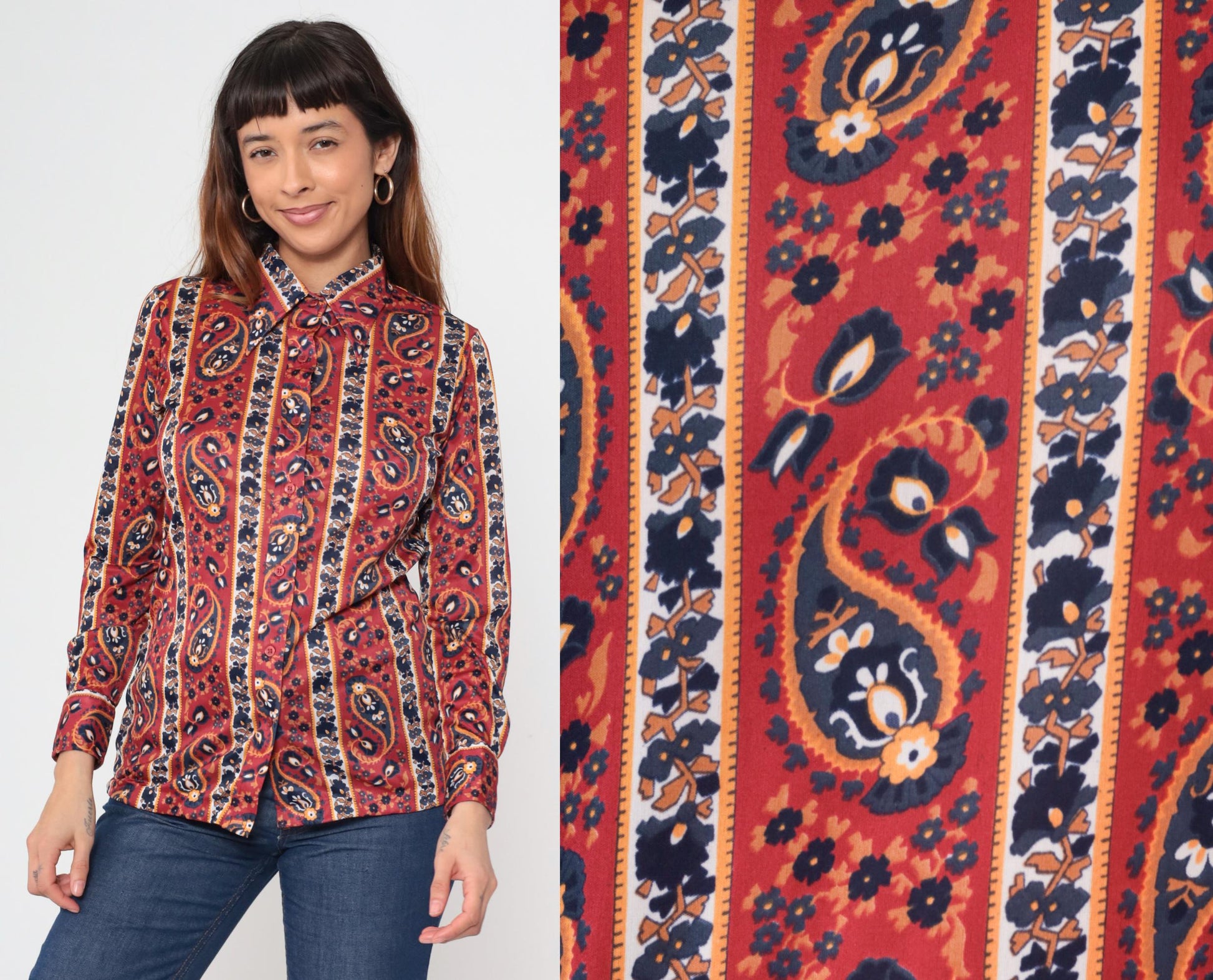 70s Paisley Dagger Collar Blouse Rust Red Button Up Long Sleeve Medium