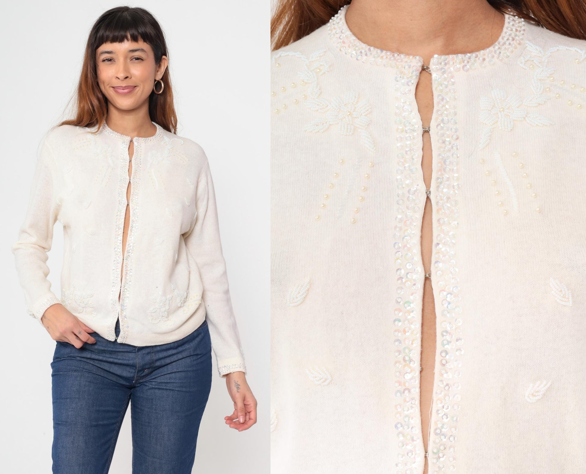 70s Cream Wool Cardigan Floral Beaded Pearl Button Sweater Small