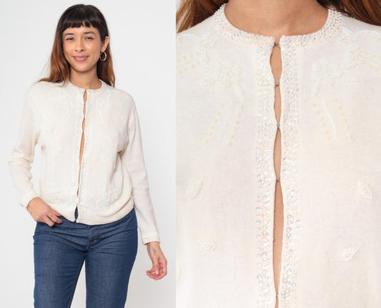 70s Cream Wool Cardigan Floral Beaded Pearl Button Sweater Small