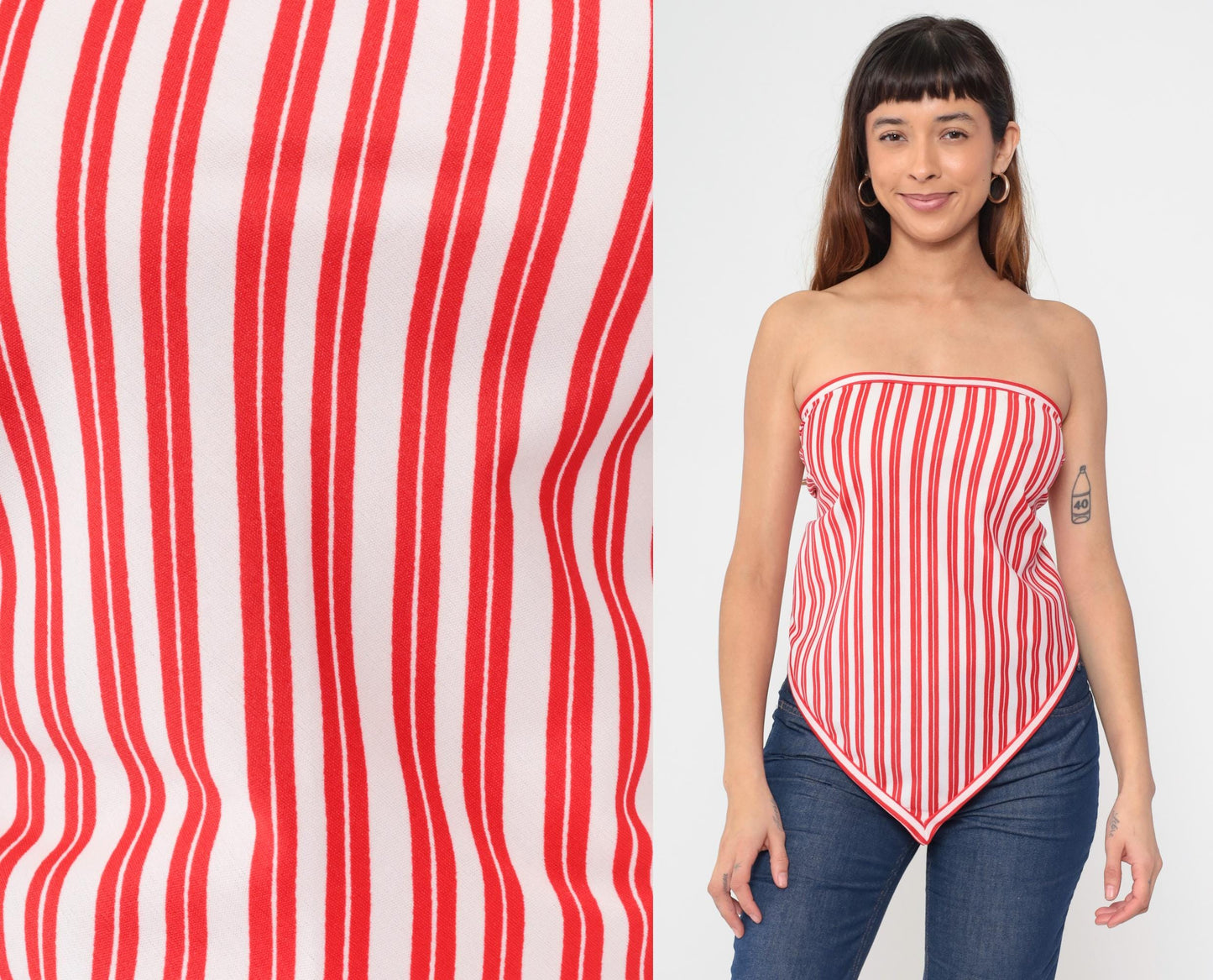 70s Red White Striped Bandana Halter Top Triangle Tie-Back One Size