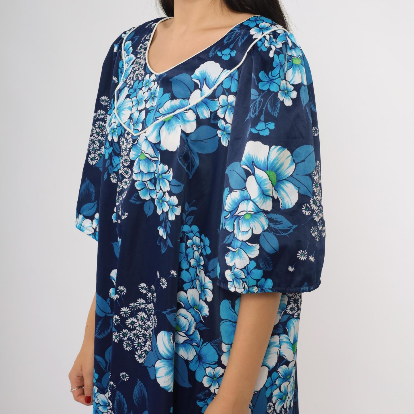 80s Hawaiian Navy Floral Dress Ruffle Hem Short Sleeve Pullover Extra Large XL