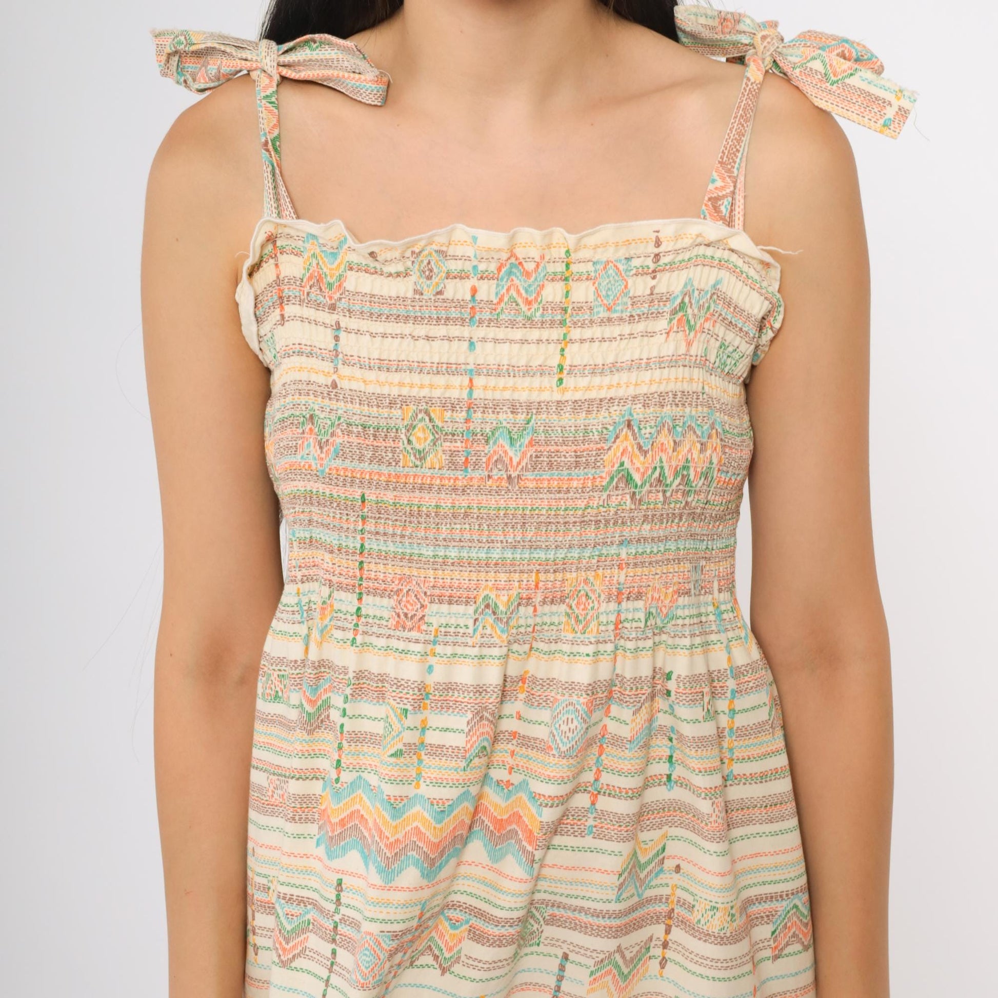 70s Cream Aztec Geometric Midi Dress Tie Shoulder Smocked Cotton Medium Large