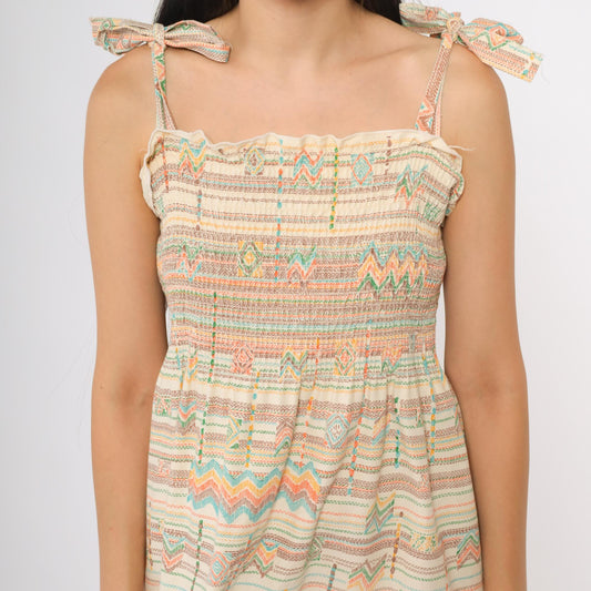 70s Cream Aztec Geometric Midi Dress Tie Shoulder Smocked Cotton Medium Large