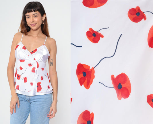 Y2K Red Poppy Floral Camisole White Spaghetti Strap Wrap Front Medium M