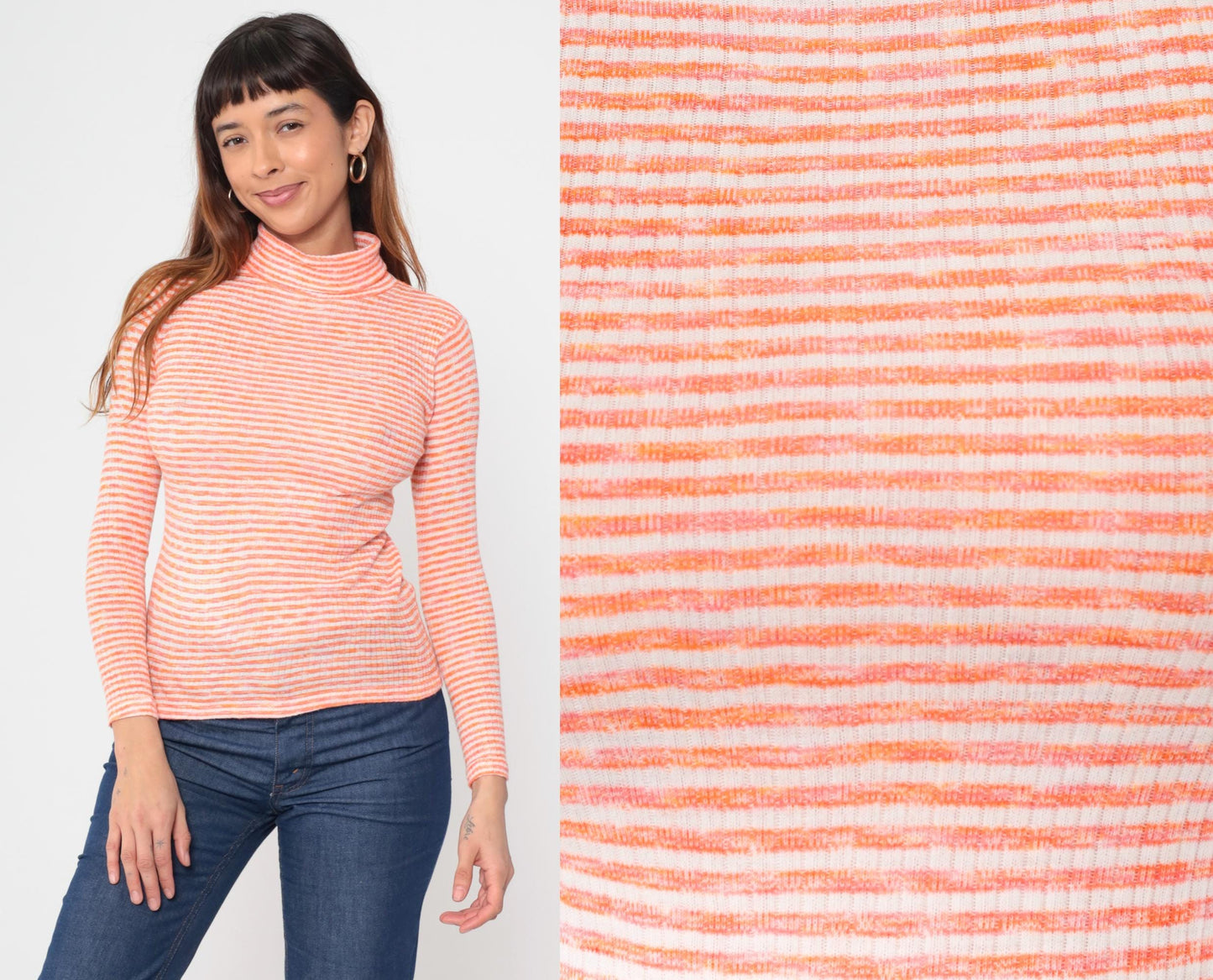 70s Orange White Striped Turtleneck Mock Neck Ribbed Knit Small S