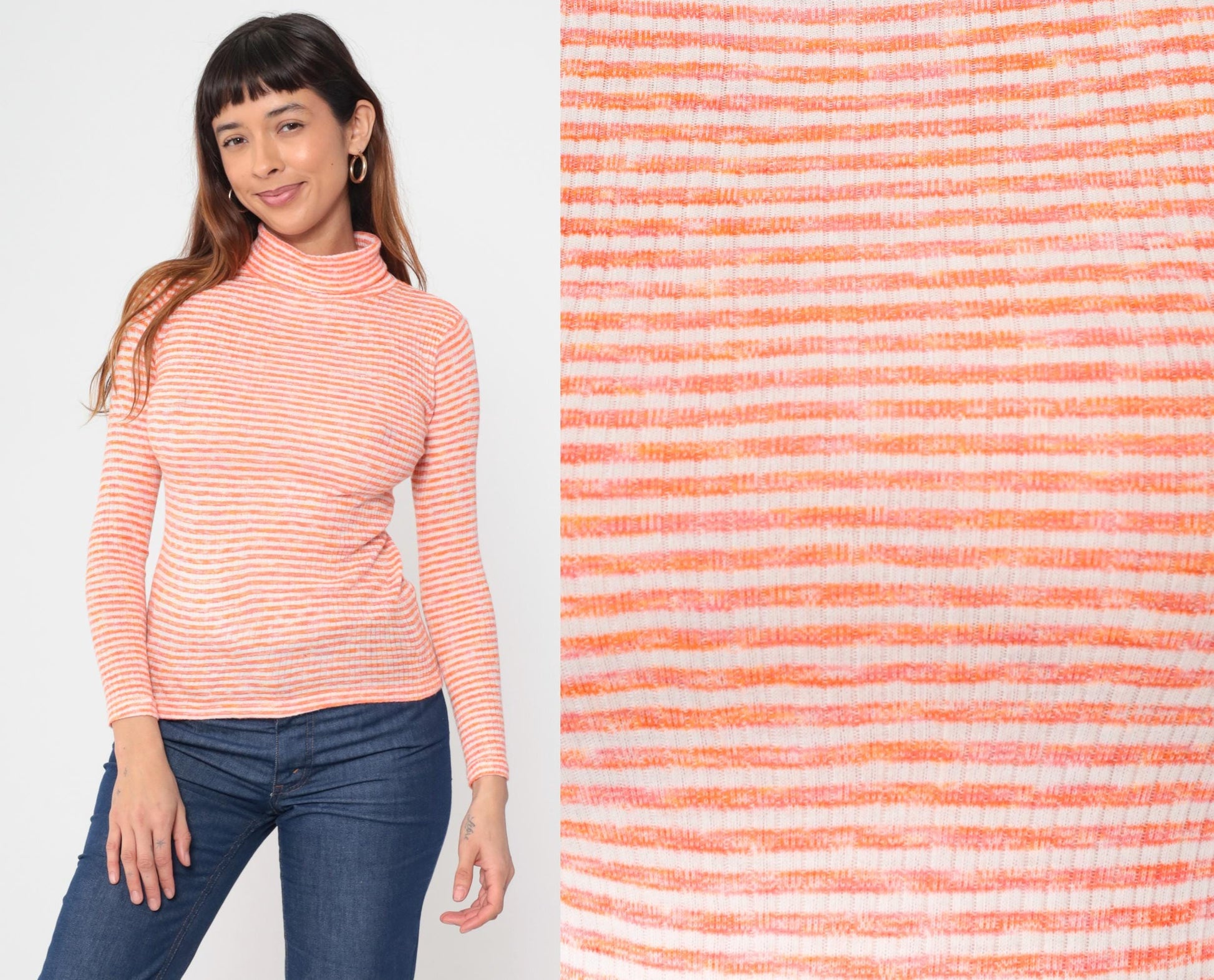 70s Orange White Striped Turtleneck Mock Neck Ribbed Knit Small S