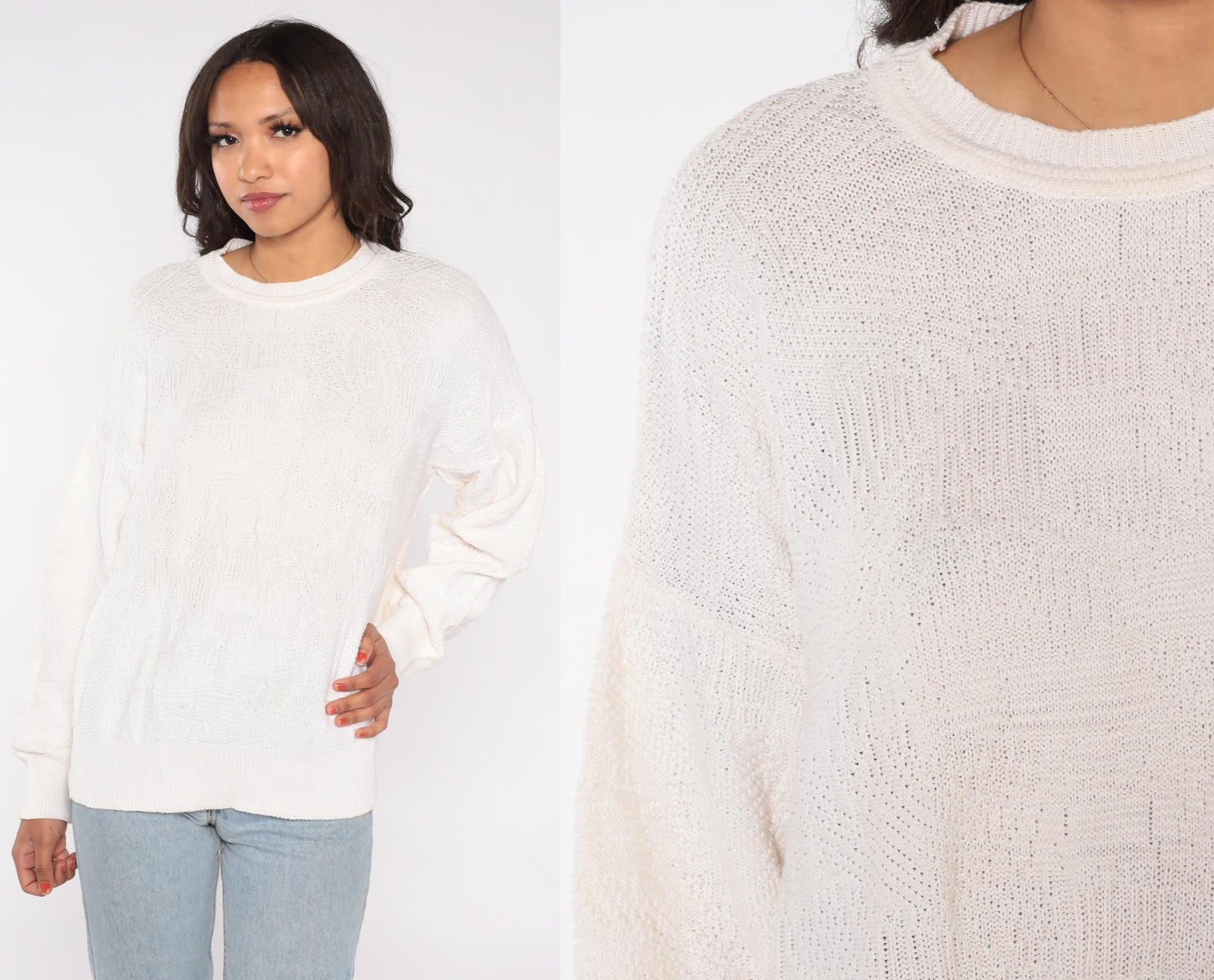 80s Neiman Marcus Cable Knit Sweater Cream Cotton Crew Neck Large L