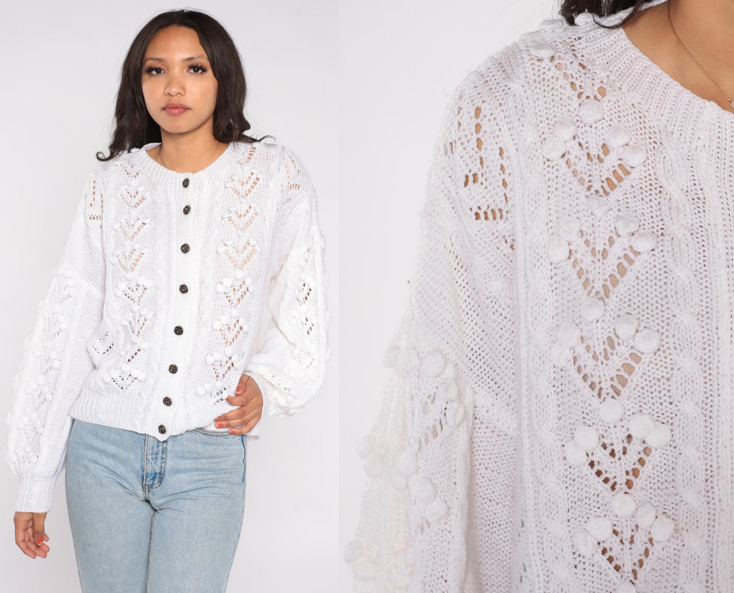 80s White Eyelet Crochet Cardigan Button-Front Scalloped Lace Large L