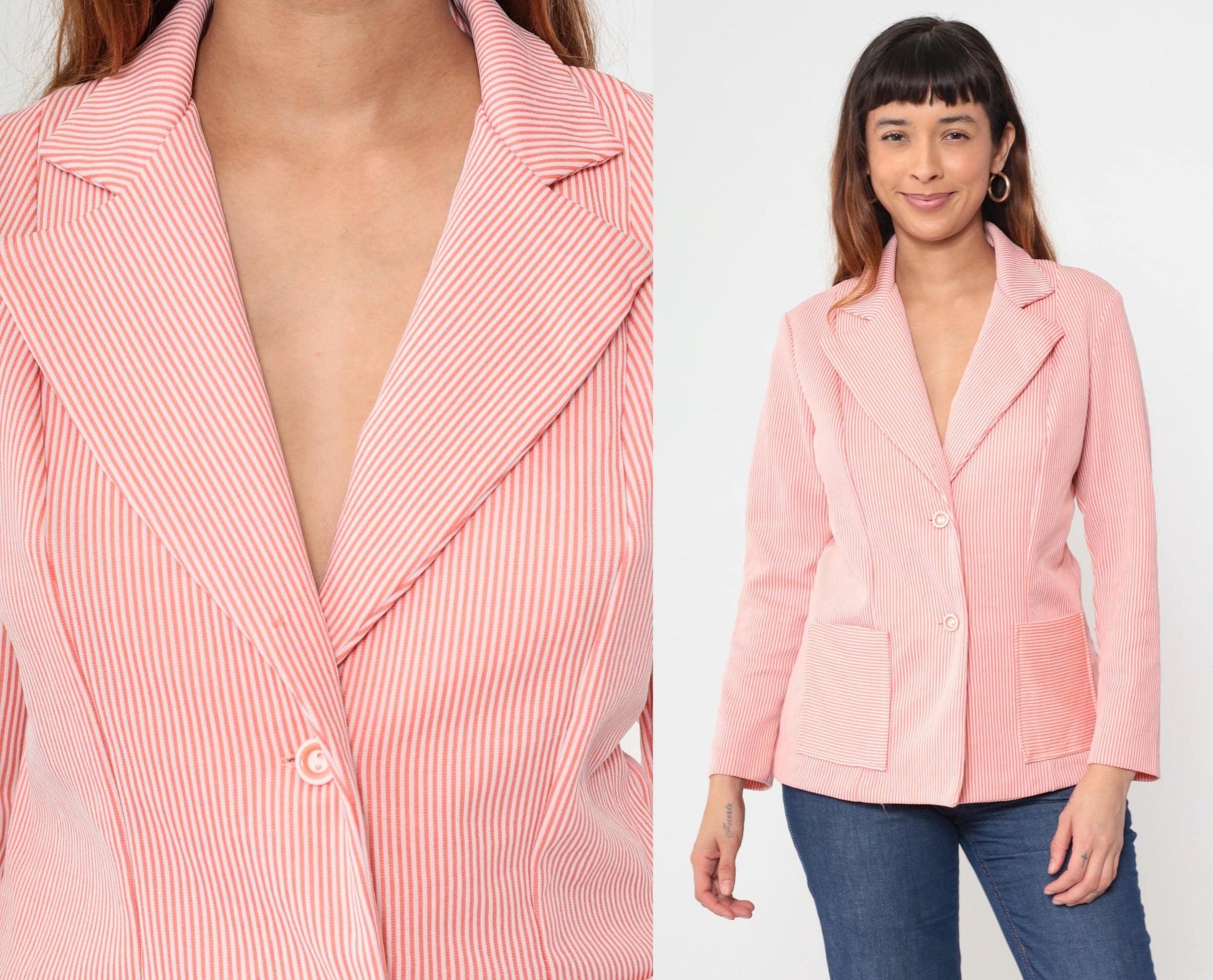 70s Pink White Pinstripe Blazer Button Front Notched Lapel Medium M