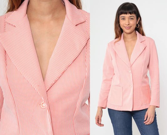 70s Pink White Pinstripe Blazer Button Front Notched Lapel Medium M