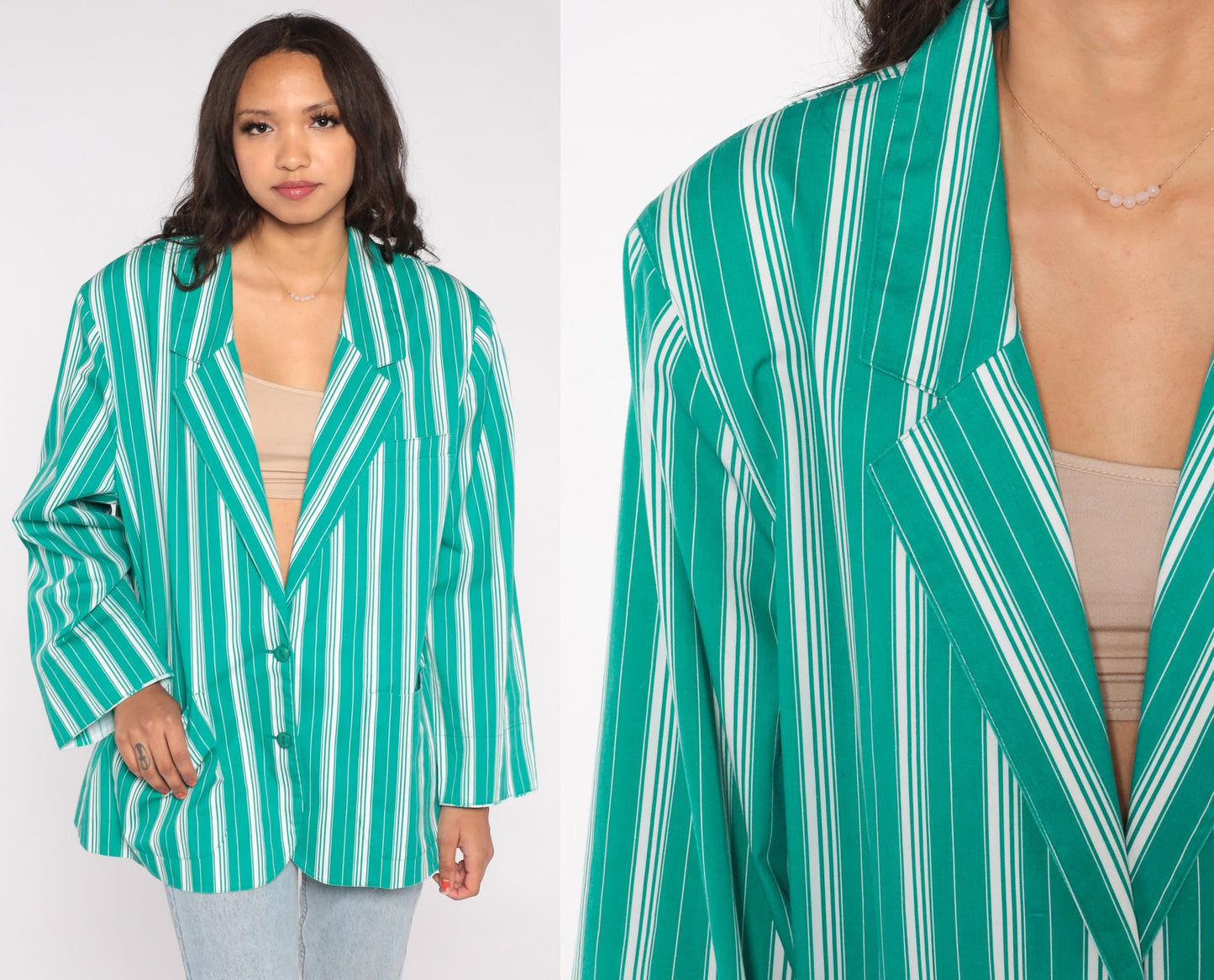 90s Leslie Fay Green Striped Cotton Blazer Plus Size XXL