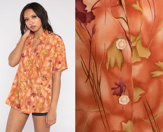 90s Orange Floral Print Blouse Rossela Button Up Short Sleeve Large L