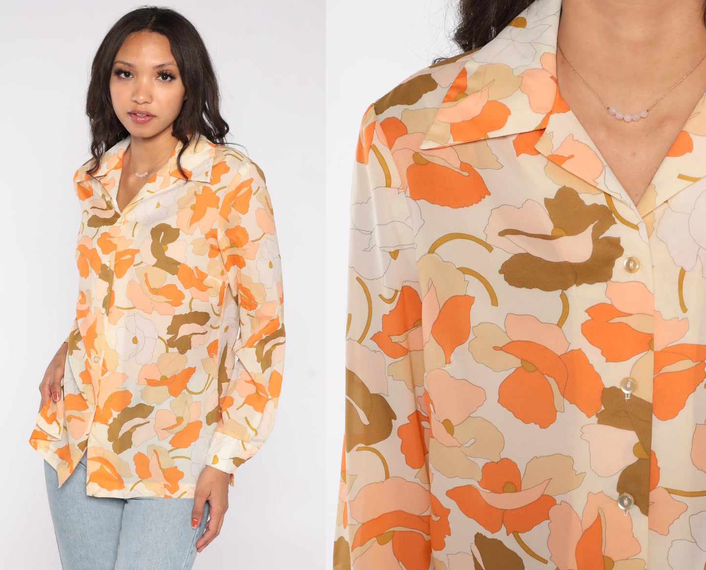 70s Alex Colman California Floral Button Blouse Orange Cream Medium